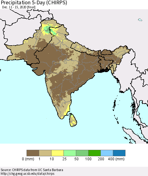 Southern Asia Precipitation 5-Day (CHIRPS) Thematic Map For 12/11/2020 - 12/15/2020