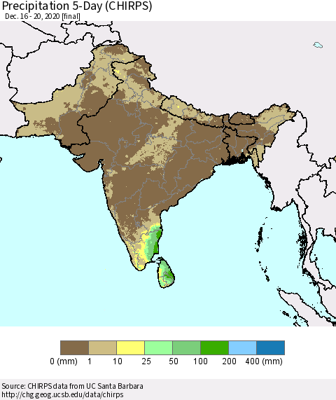 Southern Asia Precipitation 5-Day (CHIRPS) Thematic Map For 12/16/2020 - 12/20/2020