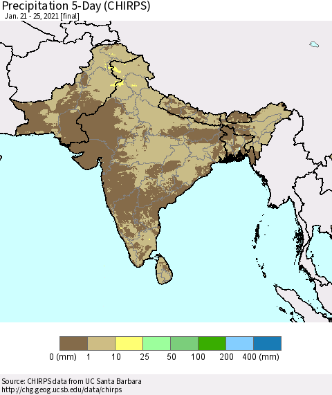 Southern Asia Precipitation 5-Day (CHIRPS) Thematic Map For 1/21/2021 - 1/25/2021
