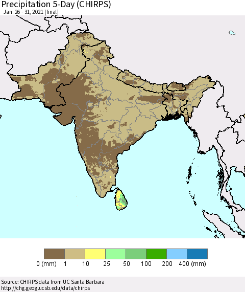 Southern Asia Precipitation 5-Day (CHIRPS) Thematic Map For 1/26/2021 - 1/31/2021