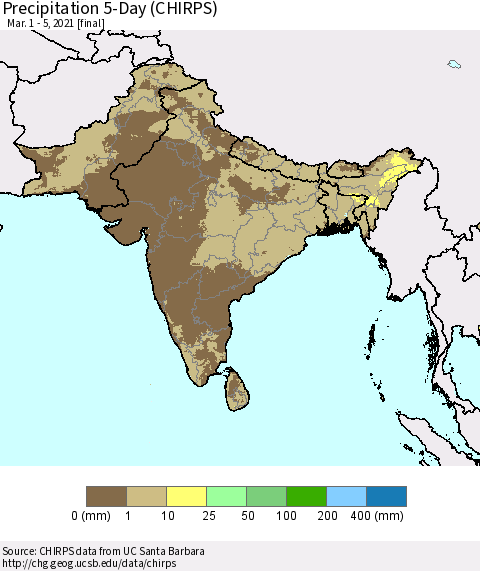 Southern Asia Precipitation 5-Day (CHIRPS) Thematic Map For 3/1/2021 - 3/5/2021
