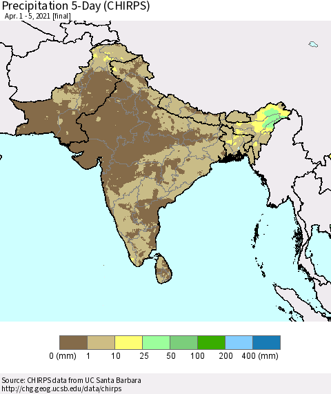 Southern Asia Precipitation 5-Day (CHIRPS) Thematic Map For 4/1/2021 - 4/5/2021
