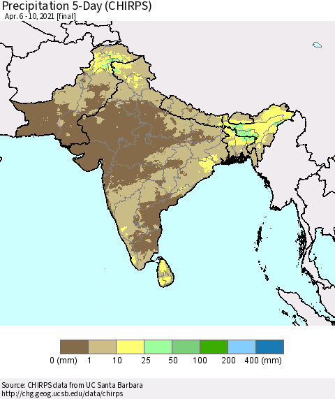 Southern Asia Precipitation 5-Day (CHIRPS) Thematic Map For 4/6/2021 - 4/10/2021