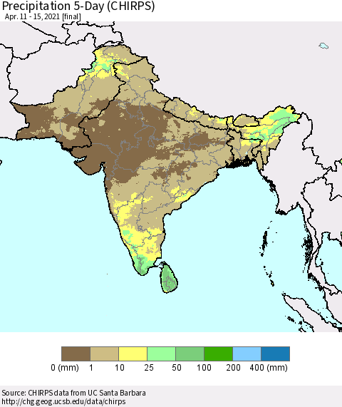 Southern Asia Precipitation 5-Day (CHIRPS) Thematic Map For 4/11/2021 - 4/15/2021