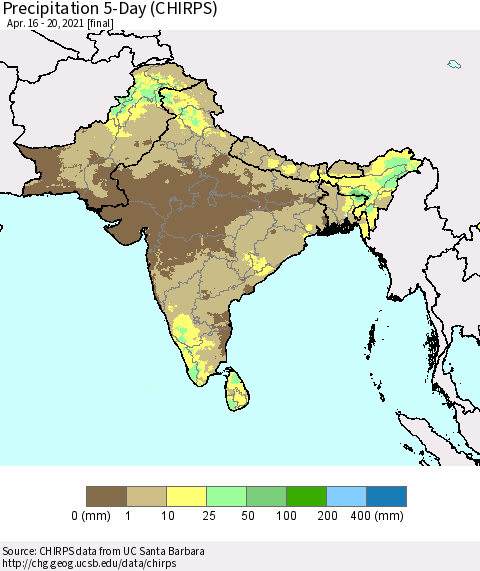 Southern Asia Precipitation 5-Day (CHIRPS) Thematic Map For 4/16/2021 - 4/20/2021