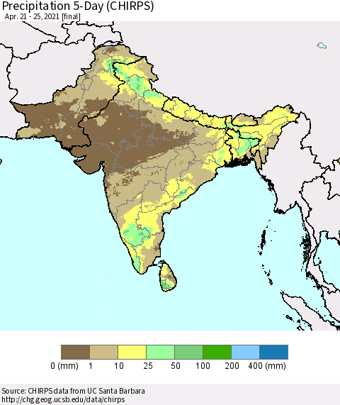 Southern Asia Precipitation 5-Day (CHIRPS) Thematic Map For 4/21/2021 - 4/25/2021