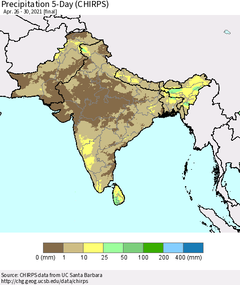 Southern Asia Precipitation 5-Day (CHIRPS) Thematic Map For 4/26/2021 - 4/30/2021