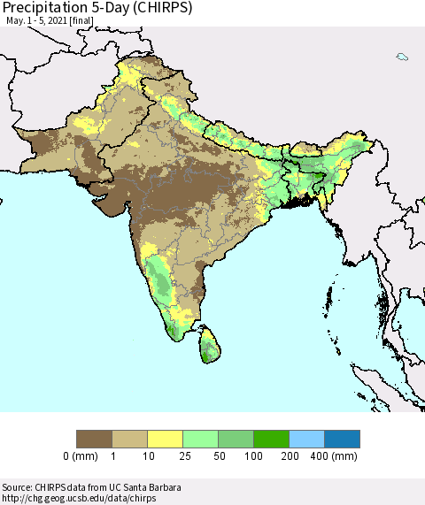 Southern Asia Precipitation 5-Day (CHIRPS) Thematic Map For 5/1/2021 - 5/5/2021