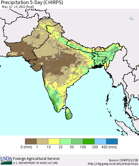 Southern Asia Precipitation 5-Day (CHIRPS) Thematic Map For 5/11/2021 - 5/15/2021