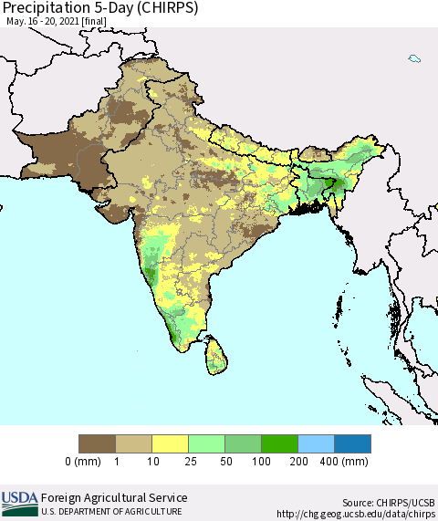 Southern Asia Precipitation 5-Day (CHIRPS) Thematic Map For 5/16/2021 - 5/20/2021