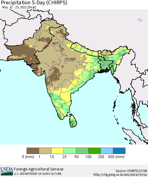 Southern Asia Precipitation 5-Day (CHIRPS) Thematic Map For 5/21/2021 - 5/25/2021