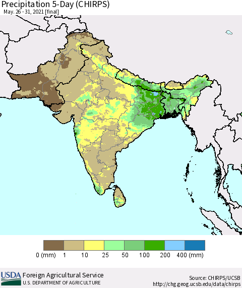 Southern Asia Precipitation 5-Day (CHIRPS) Thematic Map For 5/26/2021 - 5/31/2021