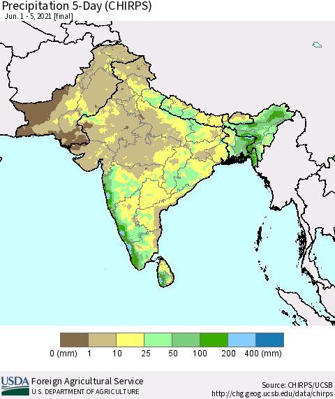 Southern Asia Precipitation 5-Day (CHIRPS) Thematic Map For 6/1/2021 - 6/5/2021