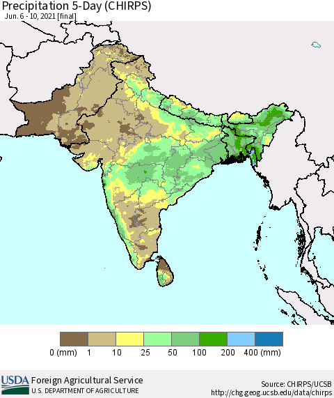 Southern Asia Precipitation 5-Day (CHIRPS) Thematic Map For 6/6/2021 - 6/10/2021