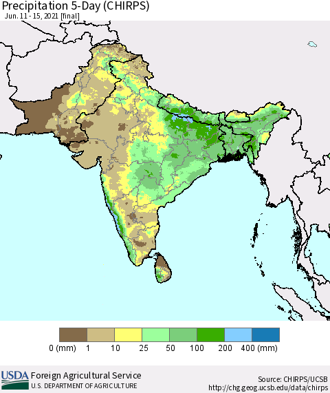 Southern Asia Precipitation 5-Day (CHIRPS) Thematic Map For 6/11/2021 - 6/15/2021