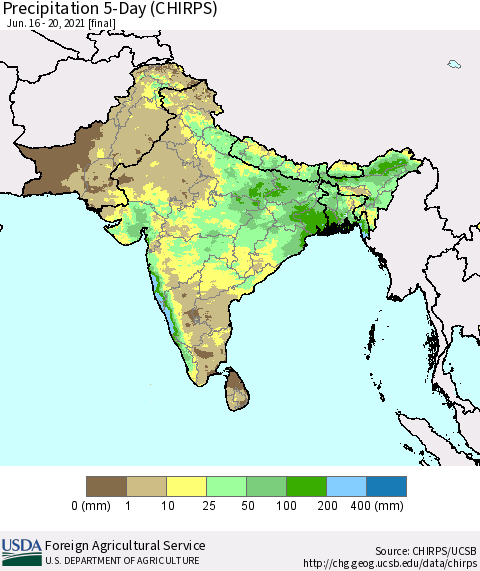 Southern Asia Precipitation 5-Day (CHIRPS) Thematic Map For 6/16/2021 - 6/20/2021