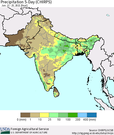 Southern Asia Precipitation 5-Day (CHIRPS) Thematic Map For 6/21/2021 - 6/25/2021