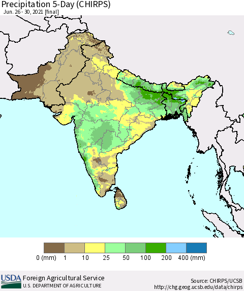 Southern Asia Precipitation 5-Day (CHIRPS) Thematic Map For 6/26/2021 - 6/30/2021