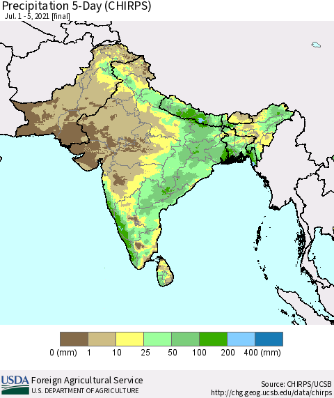 Southern Asia Precipitation 5-Day (CHIRPS) Thematic Map For 7/1/2021 - 7/5/2021