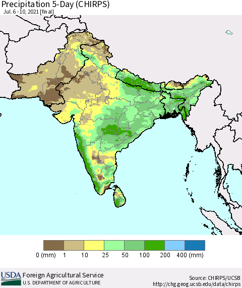 Southern Asia Precipitation 5-Day (CHIRPS) Thematic Map For 7/6/2021 - 7/10/2021