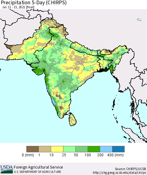 Southern Asia Precipitation 5-Day (CHIRPS) Thematic Map For 7/11/2021 - 7/15/2021
