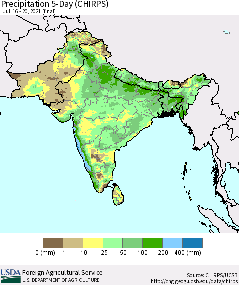 Southern Asia Precipitation 5-Day (CHIRPS) Thematic Map For 7/16/2021 - 7/20/2021