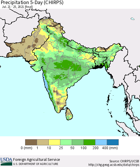 Southern Asia Precipitation 5-Day (CHIRPS) Thematic Map For 7/21/2021 - 7/25/2021