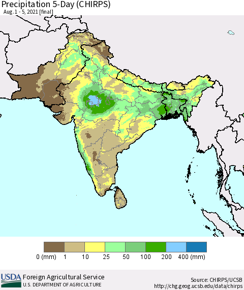 Southern Asia Precipitation 5-Day (CHIRPS) Thematic Map For 8/1/2021 - 8/5/2021
