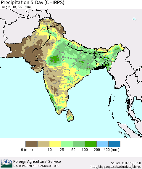 Southern Asia Precipitation 5-Day (CHIRPS) Thematic Map For 8/6/2021 - 8/10/2021