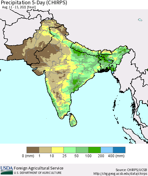 Southern Asia Precipitation 5-Day (CHIRPS) Thematic Map For 8/11/2021 - 8/15/2021
