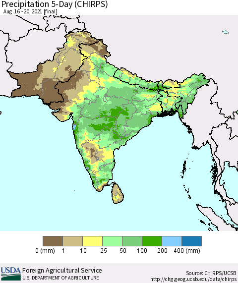 Southern Asia Precipitation 5-Day (CHIRPS) Thematic Map For 8/16/2021 - 8/20/2021