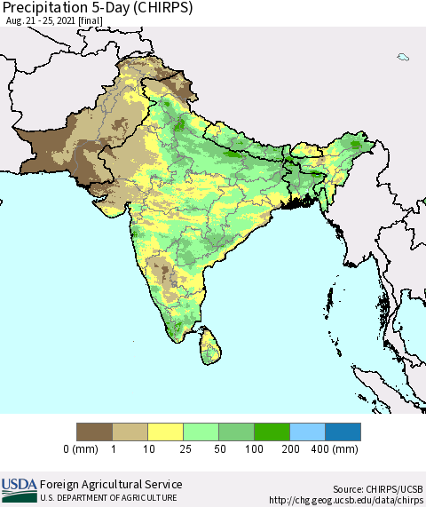 Southern Asia Precipitation 5-Day (CHIRPS) Thematic Map For 8/21/2021 - 8/25/2021