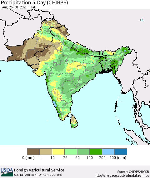 Southern Asia Precipitation 5-Day (CHIRPS) Thematic Map For 8/26/2021 - 8/31/2021