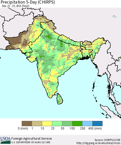 Southern Asia Precipitation 5-Day (CHIRPS) Thematic Map For 9/21/2021 - 9/25/2021
