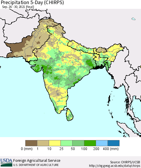 Southern Asia Precipitation 5-Day (CHIRPS) Thematic Map For 9/26/2021 - 9/30/2021