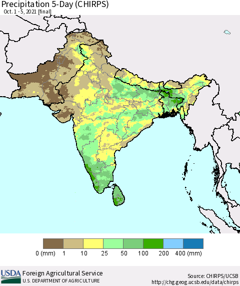 Southern Asia Precipitation 5-Day (CHIRPS) Thematic Map For 10/1/2021 - 10/5/2021