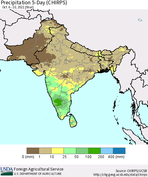 Southern Asia Precipitation 5-Day (CHIRPS) Thematic Map For 10/6/2021 - 10/10/2021