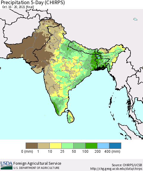 Southern Asia Precipitation 5-Day (CHIRPS) Thematic Map For 10/16/2021 - 10/20/2021