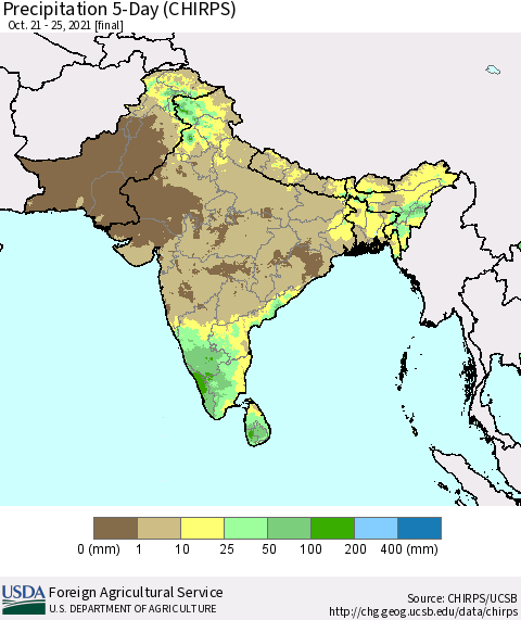 Southern Asia Precipitation 5-Day (CHIRPS) Thematic Map For 10/21/2021 - 10/25/2021