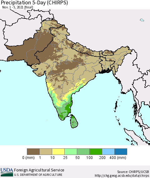 Southern Asia Precipitation 5-Day (CHIRPS) Thematic Map For 11/1/2021 - 11/5/2021