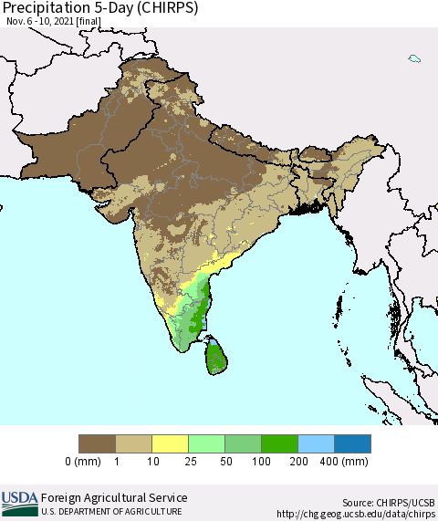 Southern Asia Precipitation 5-Day (CHIRPS) Thematic Map For 11/6/2021 - 11/10/2021