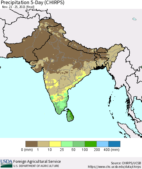 Southern Asia Precipitation 5-Day (CHIRPS) Thematic Map For 11/21/2021 - 11/25/2021