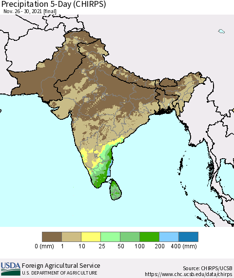 Southern Asia Precipitation 5-Day (CHIRPS) Thematic Map For 11/26/2021 - 11/30/2021