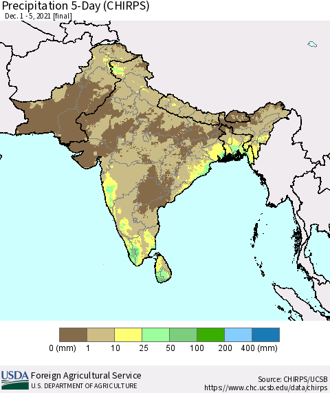 Southern Asia Precipitation 5-Day (CHIRPS) Thematic Map For 12/1/2021 - 12/5/2021