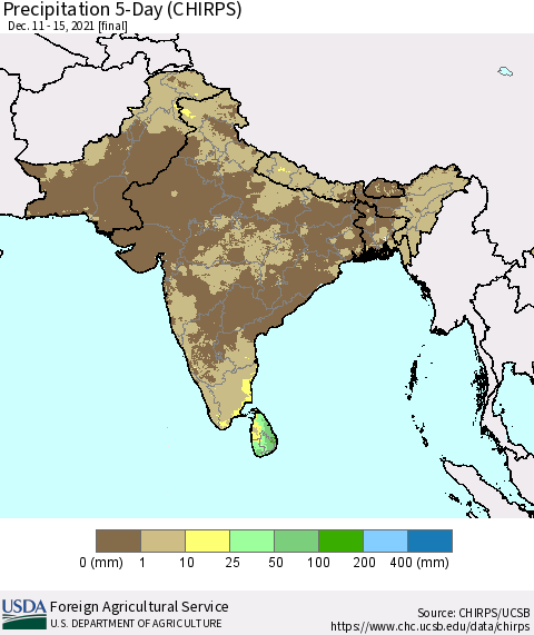 Southern Asia Precipitation 5-Day (CHIRPS) Thematic Map For 12/11/2021 - 12/15/2021