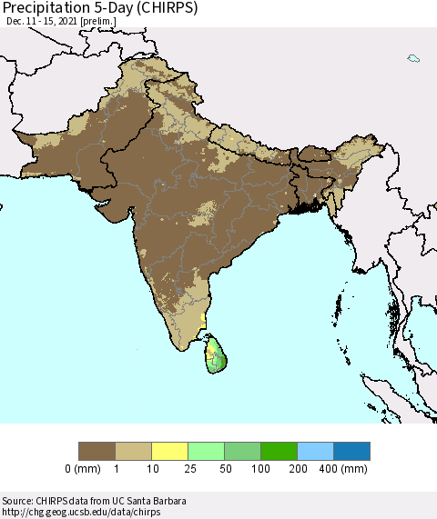 Southern Asia Precipitation 5-Day (CHIRPS) Thematic Map For 12/11/2021 - 12/15/2021