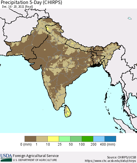 Southern Asia Precipitation 5-Day (CHIRPS) Thematic Map For 12/16/2021 - 12/20/2021