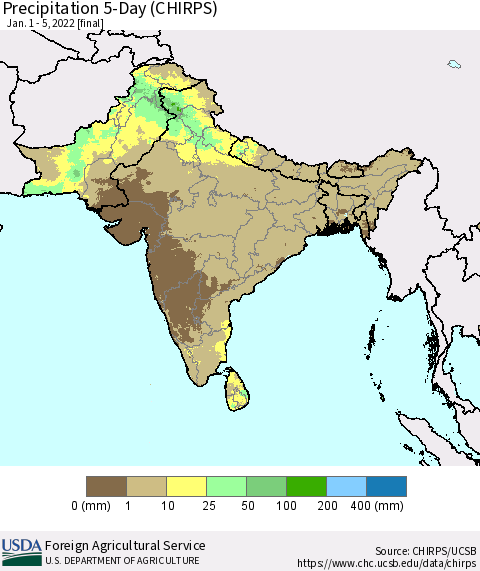 Southern Asia Precipitation 5-Day (CHIRPS) Thematic Map For 1/1/2022 - 1/5/2022