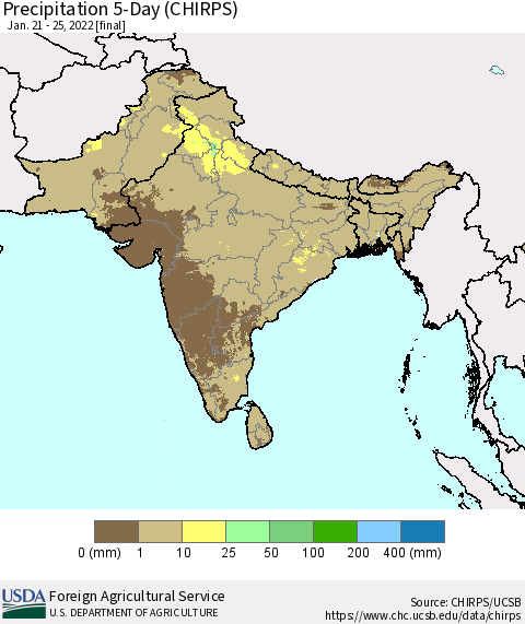 Southern Asia Precipitation 5-Day (CHIRPS) Thematic Map For 1/21/2022 - 1/25/2022