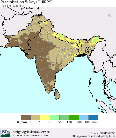 Southern Asia Precipitation 5-Day (CHIRPS) Thematic Map For 2/1/2022 - 2/5/2022